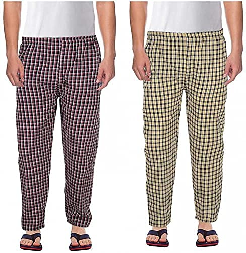 BlendedMen's Cotton Checkered Printed Pyjama, Pajamas Colors -(Red, Yellow (Pack of 2)