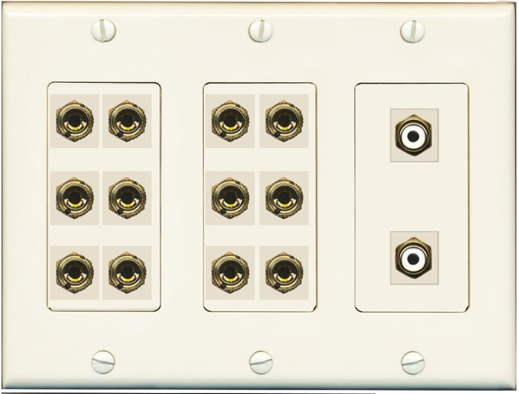 RiteAV 6.2 Surround Sound 6 Speaker 12 Banana Plug Jack Wall Plate w/2 RCA Subwoofer Female Connector - 3 Gang [Light Almond]