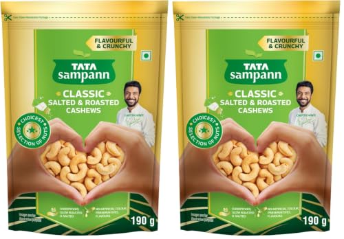 Image of Tata Sampann Classic Salted & Roasted Cashews /Kaju, Flavourful & Crunchy Snack Handpicked, Salted & Slow Roasted Cashews Rich in Protein, Magnesium, and Phosphorus, No Artificial Colours, Preservatives & Flavours, 190g