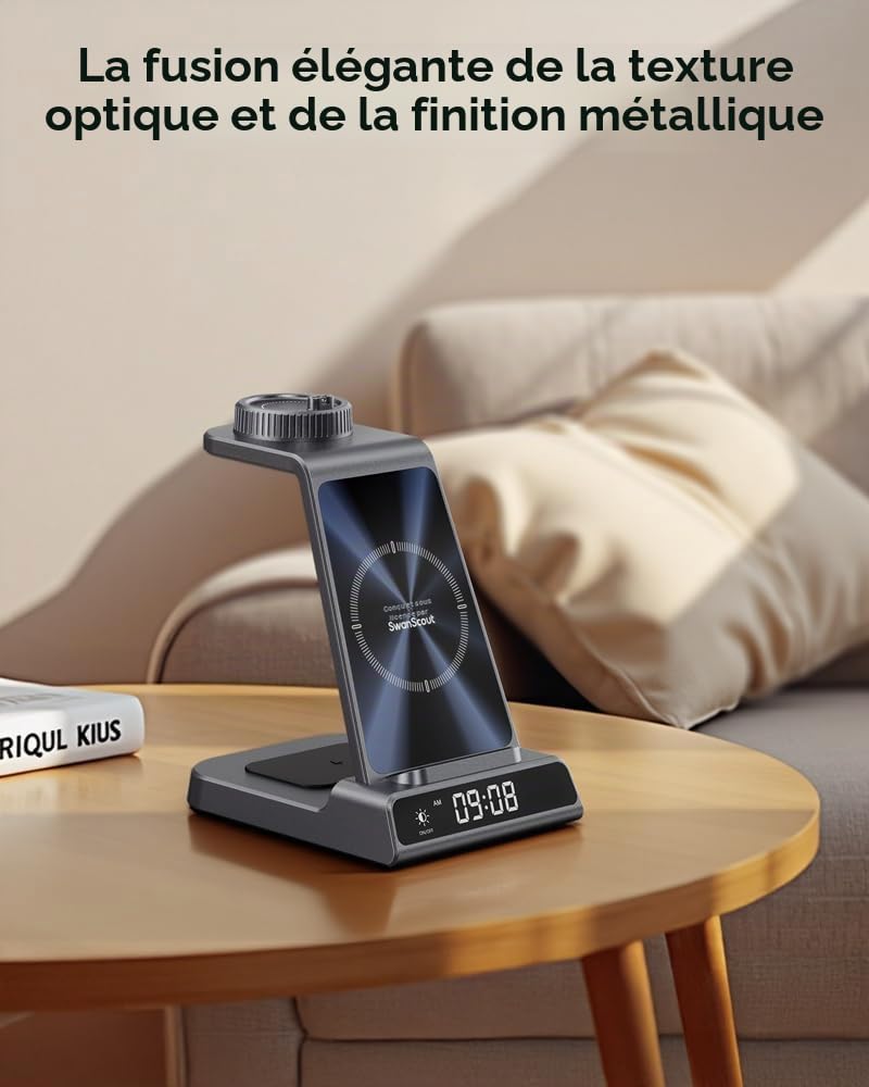 3 en 1 Chargeur pour Montre Garmin Venu Fenix Forerunner Vivoactive CIRQA | Station de Charge pour iPhone 17/Air, pour Samsung Z Flip 8/S26, Support Chargeur pour Garmin, avec Horloge, Sans Adaptateur