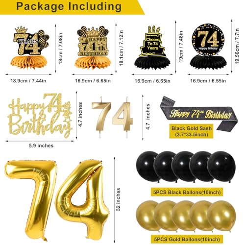 Image of 74th Birthday Decorations for Men, Black Gold 74th Party Decoration Kits | 27pcs Happy 74th Birthday Set, Banner, Honeycomb, Balloons, Gold Number, Candle, Hanging Swirls, Cake Topper, Party Supplies