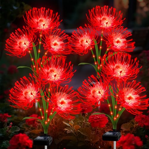 Solar Garden Flower Lights Outdoor, 4 Pack Red Spider Lily with Glowing Stems, Waterproof LED Yard Lawn Pathway Decor, Elegant Patio Garden Decoration, for Mom, Grandma, Women