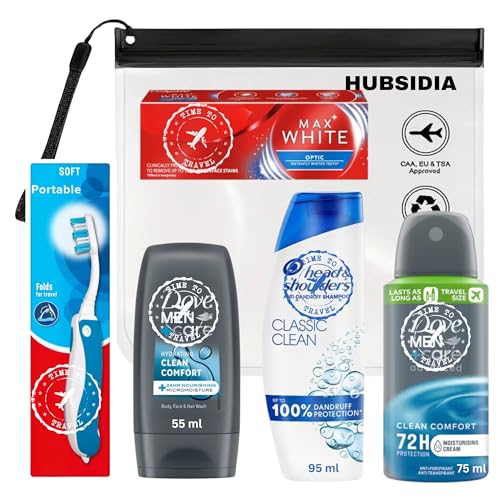 Travel Size Toiletries Essentials Set for Men, Holiday Mini Travel Toiletries Set, All In A Hubsidia Airport Approved Travel Bag