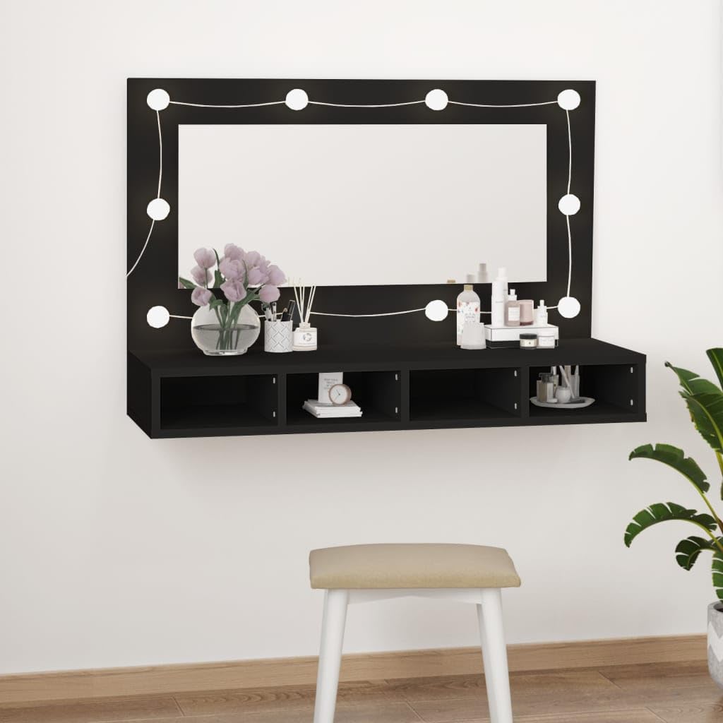 Mueble con Espejo y LED Armario de baño con Espejo Armario Espejo baño con luz Espejo Armario baño Negro 90x31,5x62 cm