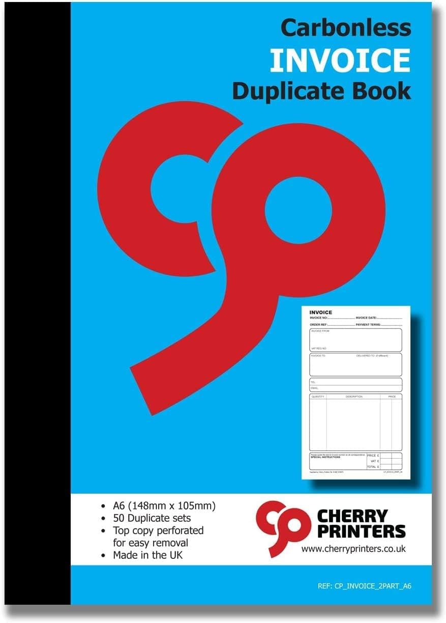 Cherry Carbonless Invoice Duplicate Book A6 | 2 Part NCR Invoicing Pad | 50 Duplicate Sets | Perforated Top Copy for Easy Removal | Ideal for Small Businesses, Tradespeople & Freelancers **2 Pack**