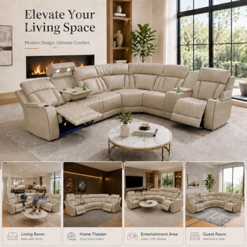 Image of Power Reclining Sectional Sofa Set, Modern Leather Sectional Couch Set, Living Room Furniture Sets Featuring LED Lights,Cup Holder,Storage,Home Theater Seating(Beige)