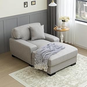 Modern Indoor Oversized Chaise Lounger, Mid-Century Velvet Comfort Sleeper Sofa with Pillow and Soild Wood Legs,Suitable to Living Room,Bedroom and Office (Gray/Linen-A)