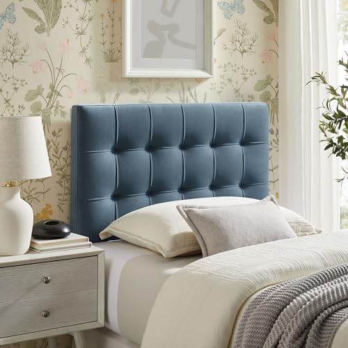 Image of Modway Lily Twin Size Stain-Resistant Performance Velvet Headboard in Cadet Blue - Velvet Upholstery with Button Tufting and 4 Adjustable Height Positions