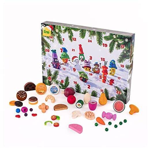 Erzi 28 255 adventskalender 2020 för barn, med 43 olika trävaruvaruartiklar fördelade över 24 dörrar