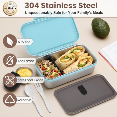 Image of JSLOVE Stainless Steel Lunch Bento Box for Adult, 30oz Leak-Proof Lunch Container, Stainless Metal Kid Bento Box with Adjustable Divider, Sauce Container, Microwave, Dishwasher & Freezer Safe(Blue)