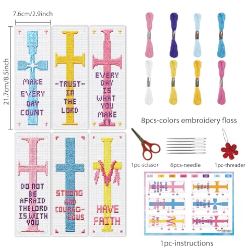Image of INFUNLY 6pcs Cross and Word Cross Stitch Bookmark Kit for Beginners DIY Cross Embroidery Bookmark Kits Inspirational Words Needlepoint Kit with Instruction Easy Cross Stitch Set for Book Lovers Reader