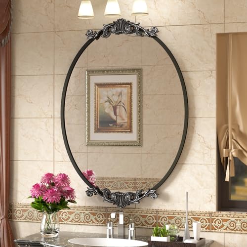 SMIROR Oval Antique Mirror 40x 28 Black Vintage Mirror for Wall Metal Framed Baroque Mirror for Bathroom Wall Decorative Mirror
