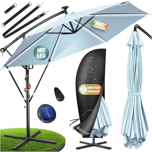 KESSER Parasol de 300 cm de diamètre avec éclairage LED, manivelle, protection solaire, armature et support en aluminium, protection UV, imperméable +...