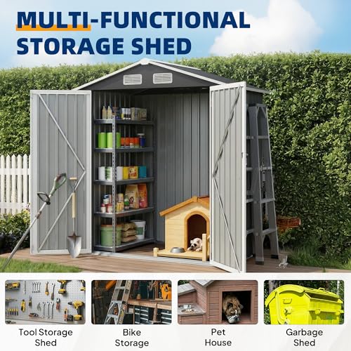 Image of UDPATIO 6x4 FT Metal Storage Shed,Outdoor Shed,Garden Shed for Patio,Grey | All-Weather,Sloping Roof,Lockable Door,Air Vent,Upgraded Full-Frame Structure,Patio,Lawn,Garden,Backyard,Bicycle,Tool,Bicycle