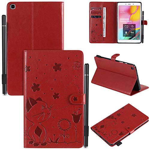Hülle für Samsung Galaxy Tab A8 2019 SM-T295 {8"},Pu Leder Katze Biene Schutzhülle Case Cover mit Ständer Stift Halter Funktion,Rot