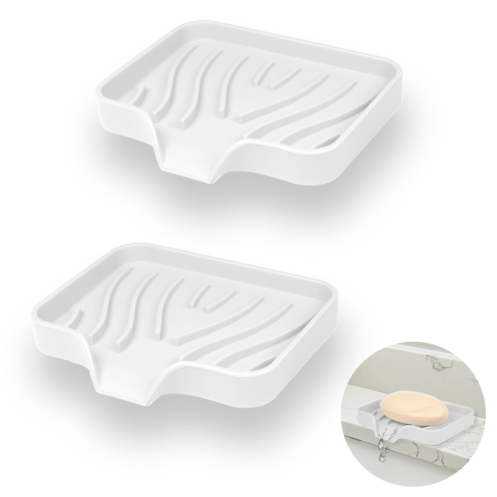 2 Pièce Porte Savons Silicone, Porte Savon Salle de Bain avec Évacuation, Support Savon Incliné, Porte-Savons Antidérapants pour Douche, Cuisine et Baignoire (Blanc)