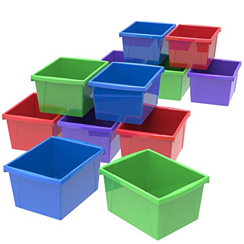 Image of Storex Classroom Storage Bin, 5.5 Gallon (21 Liter) Color Plastic Storage Containers, Assorted Colors, 16.75 x 8.25 x 11.9 Inches, 12-Pack (61475U03C)