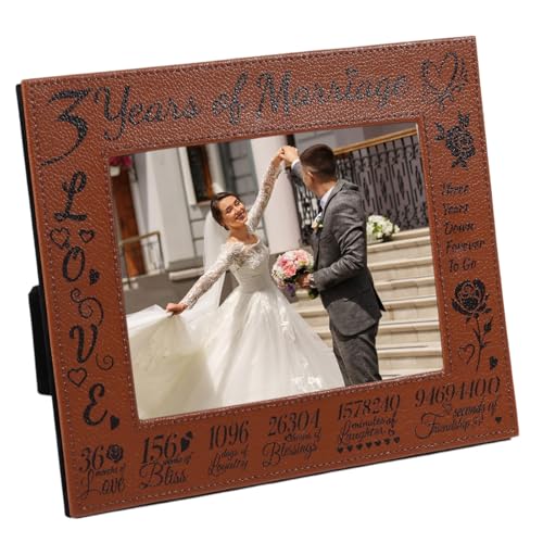 ORIGACH Leder Fotorahmen-3 Years of Marriage- Down Forever to Go, Hanging/Tabletop Bilderrahmen Aus Leder für Geschenk Zum 3. Hochzeitstag, 25x20 cm