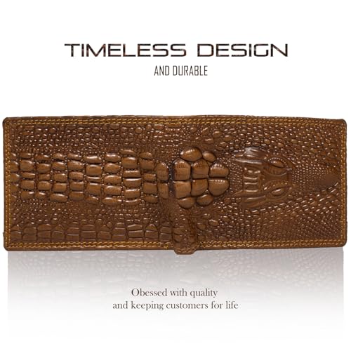 Image of Men's Top Grain Leather Wallet with Crocodile 3D Print | 8 Card Slots Bifold Wallet | RFID Protected (Tan)