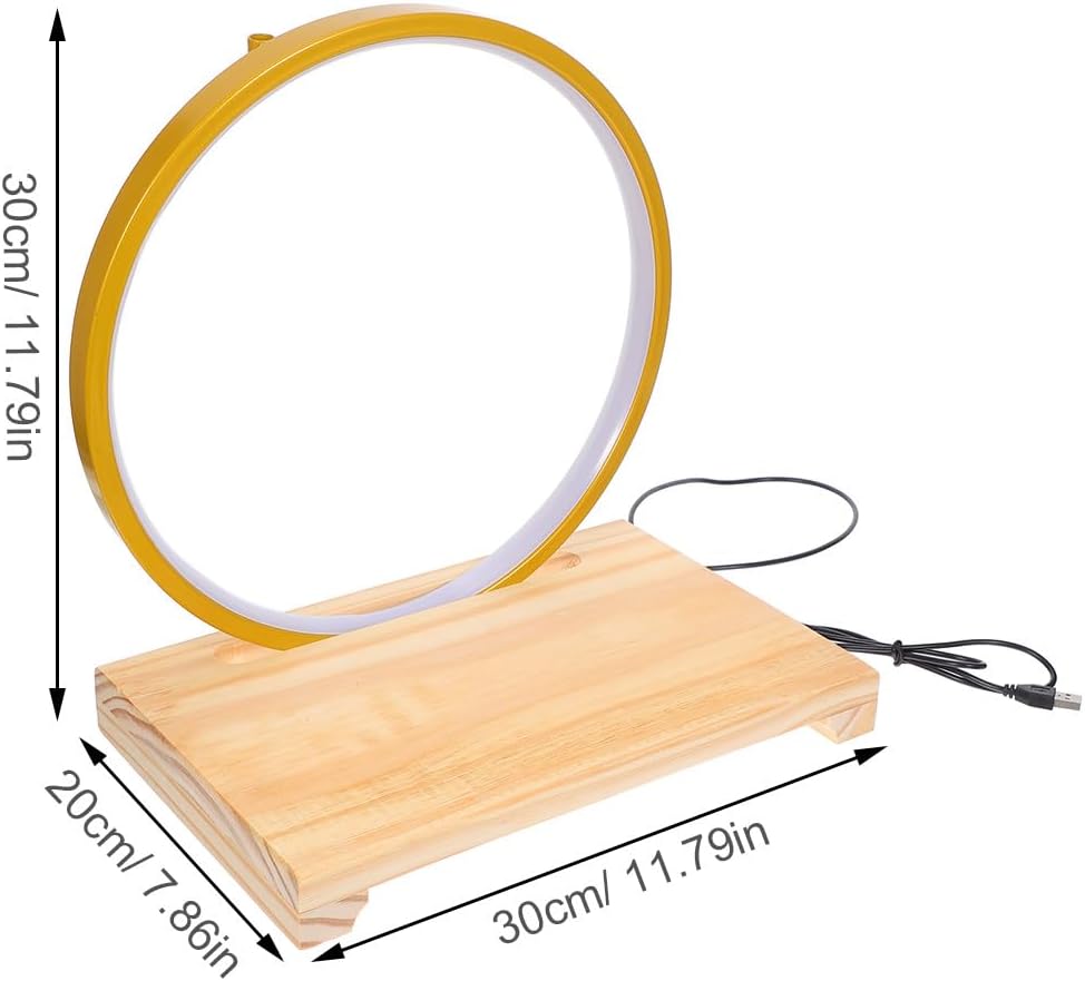 Lighted Wooden Display Pedestal Stand with LED Lighted Base, 30cm Diameter Gold Circle Sculpture Base on Natural Wood, Zen Buddha Statue Display for Office Tea Table Entryway Decor