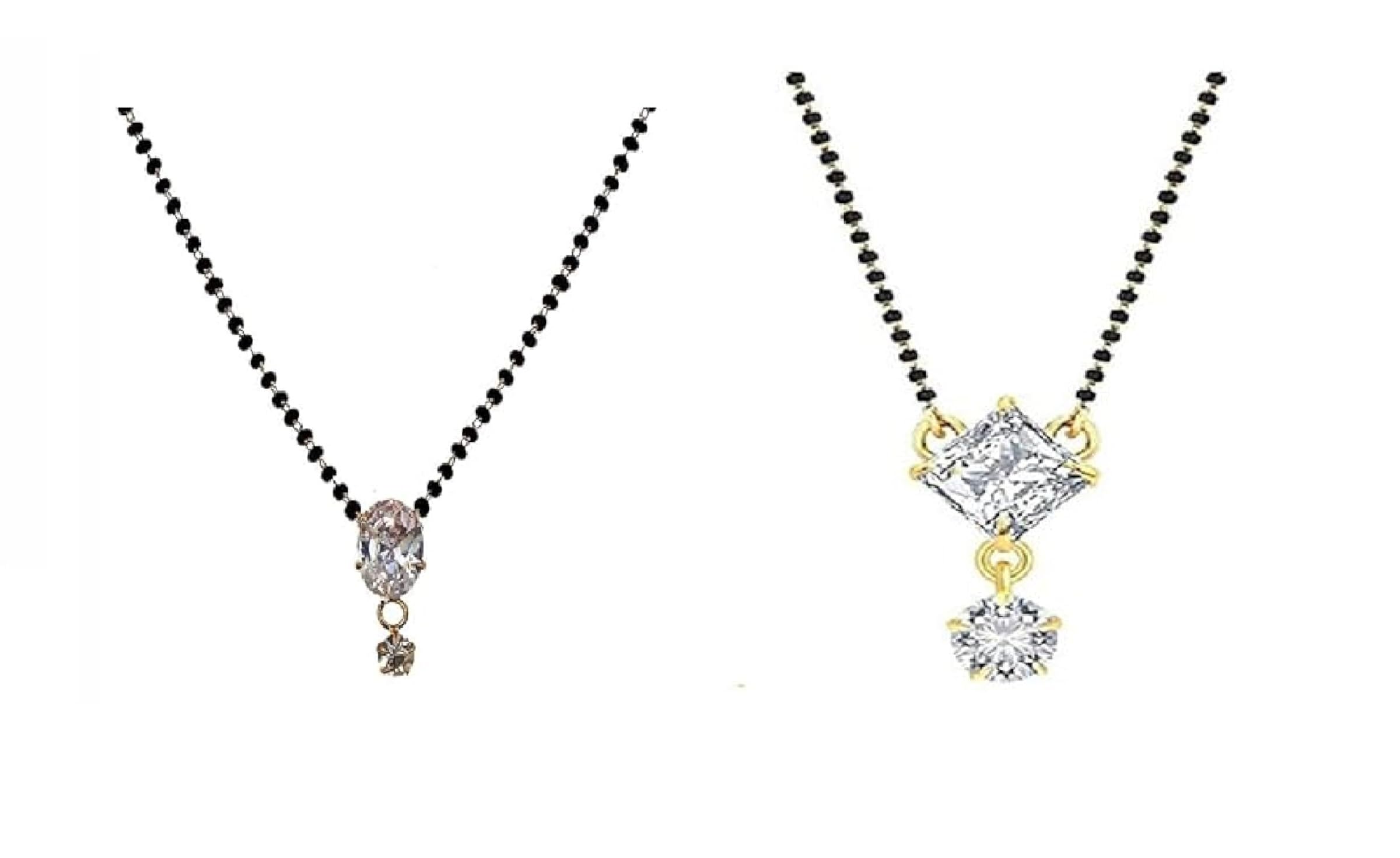 American Diamond Gold Plated Mangalsutra Pendant with Black Double-layer Chain and Earrings for Women (Length -14 Inch)