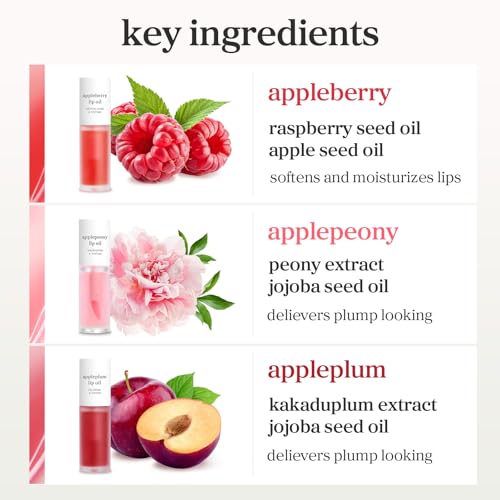 Image of NOONI Korean Lip Oil Set - Appleberry, Applepeony & Appleplum - Long-Lasting, Moisturizing, Revitalizing - Waterproof, No Peel Off, Stocking Stuffers (3EA, 0.12 fl oz)