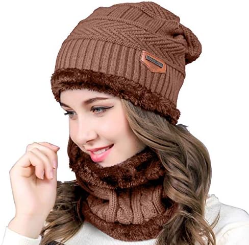 Kyowoll Unisex Winter Thermal Beanie Hat and Circle Scarf Set Knitted Beanie Circle Loop Infinity Scarfs Neck Warmer Ski Snowboard Warm Winter For Men Women