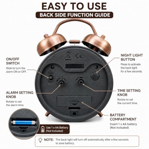 Image of AERYS Roman Metal 4.5-inch Analog Alarm Clock with 1Year Warranty,for Adults and Heavy Sleepers,Loud Twin Bell Table Clock with Backlight Alarm Clocks for Students Decoration Bedroom /Office(Copper)