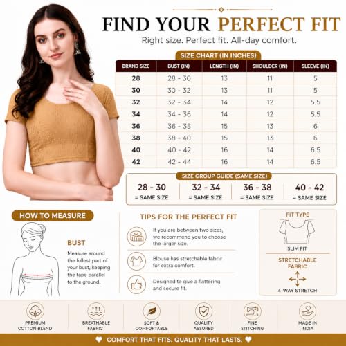 Image of Women's Stretch Cotton Saree Blouse | Readymade Blouse for Saree | Round Neck | Short Sleeves | Soft, Breathable & Comfortable