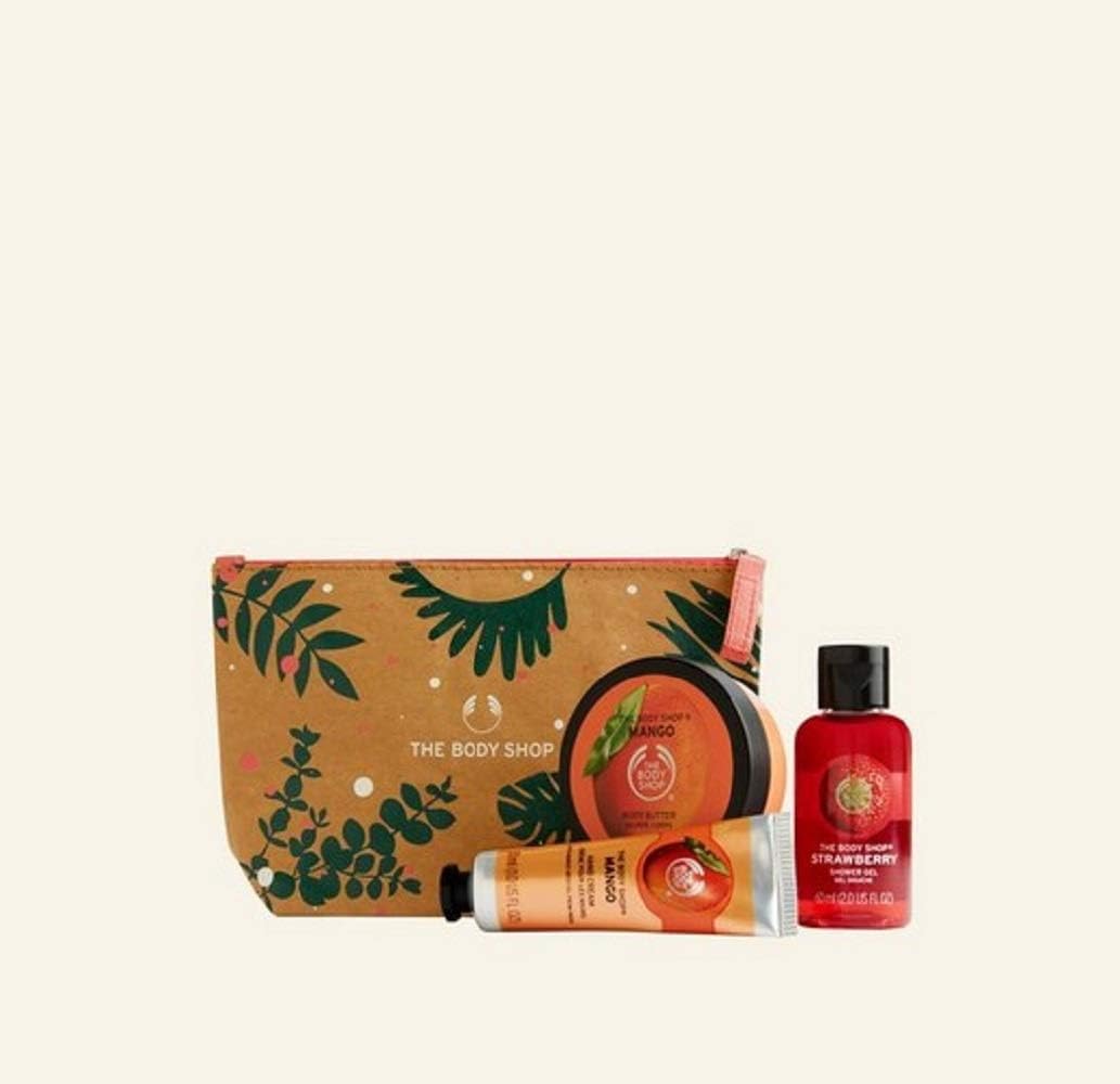 The Body Shop – 4 PC Mini Set Mango Hand Cream, shower gel, Shea Body Butter Zip Bag TRAVEL GYM