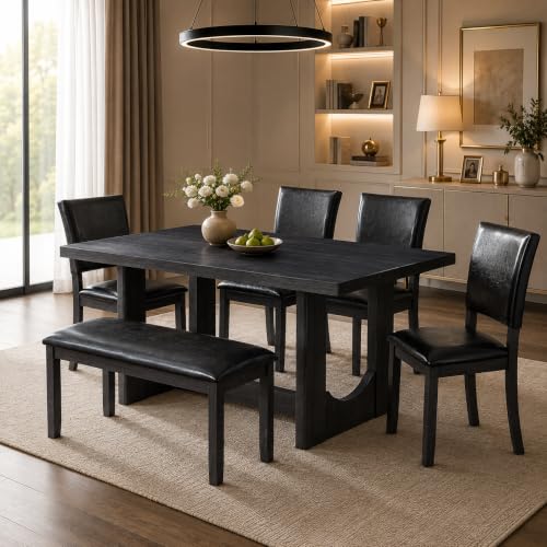 Image of LUMISOL 6 Piece Farmhouse Dining Table Set, Solid Wood Dining Table with 4 PU Leather Chairs and Bench, U-Shaped Base Kitchen Set for Dining Room, Kitchen, Antique Black + Brown
