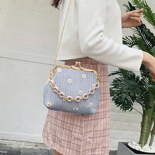 Kisslock Purse for Women Floral Embroidery Straw Woven Clutch with Chain Strap Crossbody Shoulder Bag4