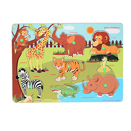 Image of Meraki Wild Wooden Animals Puzzles for Kids | 9 Puzzle Pieces with Knob for Easy Grip, Matching & Sorting Puzzle for Toddlers, Creative, Learning & Educational Board | Puzzle for 2+ Year Old Kids
