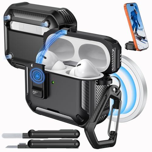 MoKo for AirPods Pro 2 Case with Lock - Compatible with MagSafe, Phone Stand & Auto Pop-up for AirPods Pro 2nd/1st Generation Case, Military-Grade Protective Cover with Cleaner Kit, Black
