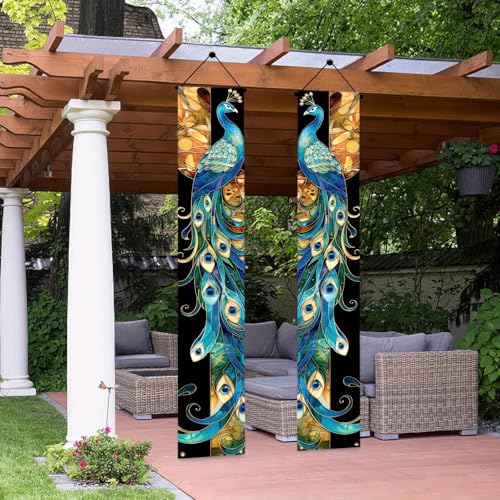 Image of BlissYard 2pcs Stained Glass Peacock Porch Banners Elegant Home Diwali Decoration Peacock Door Banner Seasonal Peacock Decor for Diwali Banner Holiday Hanging Front Door Cover for Porch Patio Garden