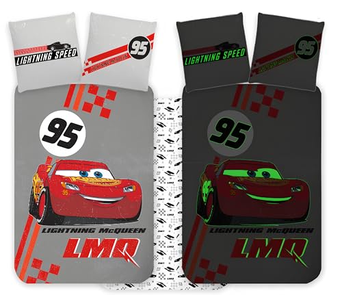 Parure de lit Disney Cars phosphorescente | Housse de Couette Junior 100x135 cm + taie d'oreiller 40x60 cm, 100% Coton | Parure de lit bébé réversible Flash McQueen,...