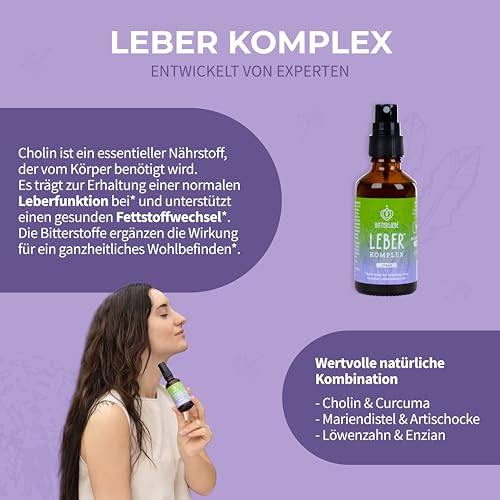 BitterLiebe® Leber* Komplex Spray - Leberkur*, natürliche Unterstützung der Leberfunktion* mithilfe von Cholin - hochdosiert mit Mariendistel Artischocke Löwenzahn und Bitterstoffen