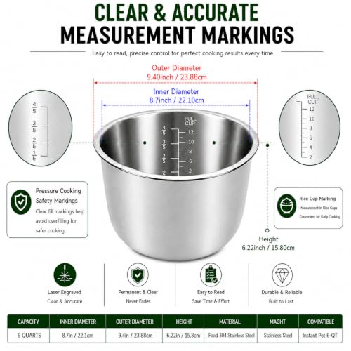 Stainless Steel Inner Pot for Instant Pot 6 Quart with Measurement Markings - image 2