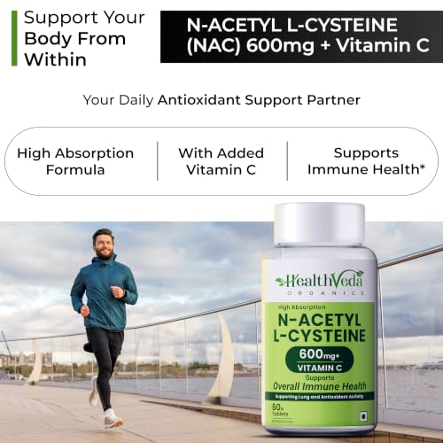 Image of Health Veda Organics N-Acetyl L-Cysteine (NAC) 600 mg | 60 Veg Tablets (Pack of 2) | Lung, Respiratory Support & Antioxidant Supplement