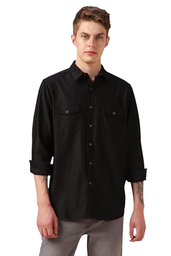 Dennis Lingo Men Black Solid Polyester Relaxed Fit Full Sleeve Shirts