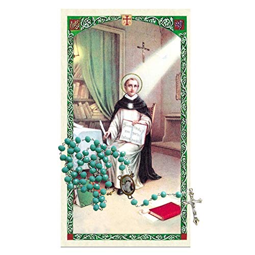 Saint Thomas Aquinas Patron of Universities and Schools Teal Amazonite Faceted Opaque Round Beads Rosary with Silver Plated Medal Centerpiece and Crucifix Includes a Prayer Card2
