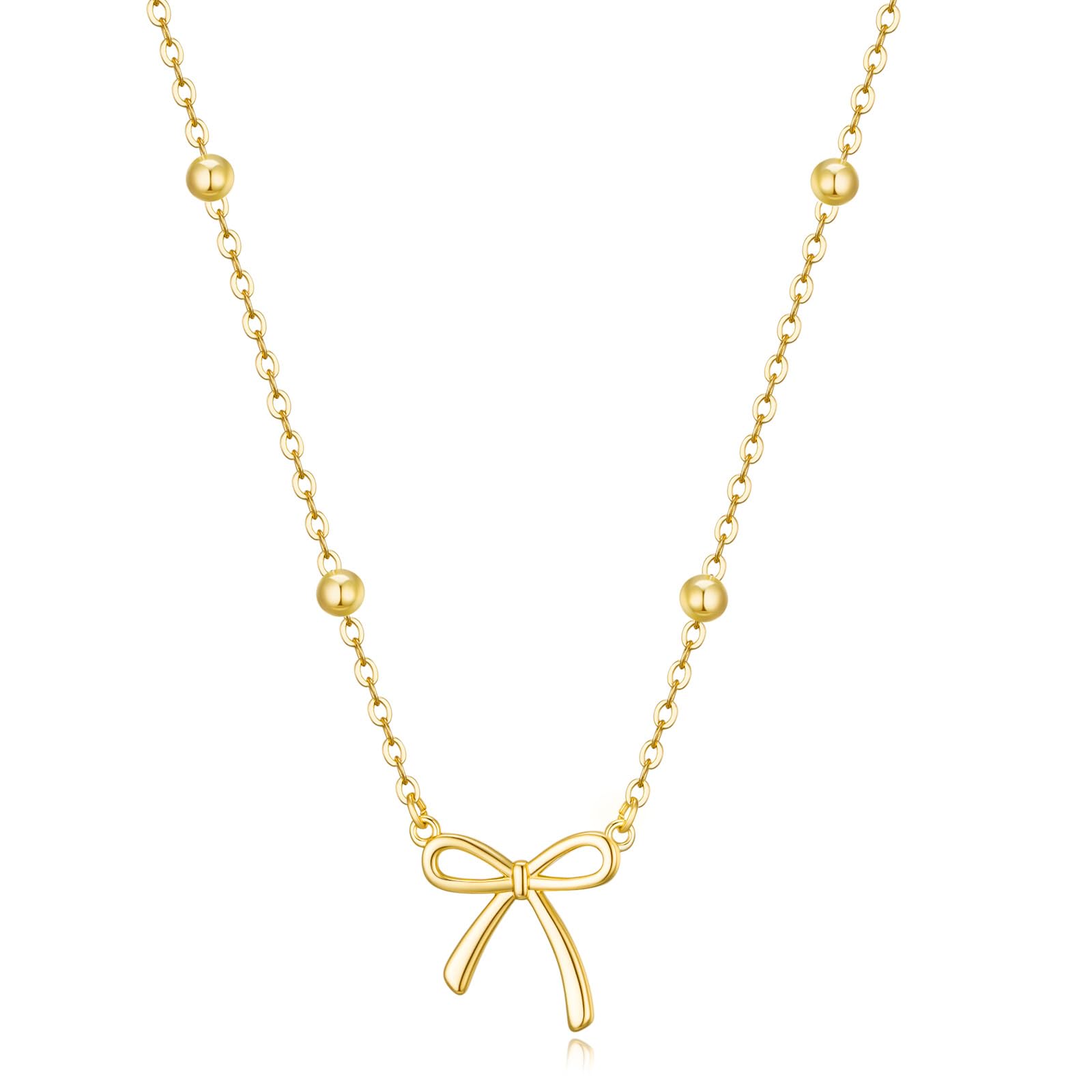 Easter Basket Stuffers - Dainty Bow Necklace for Women 14K Gold Plated Cute Choker Small Pendant Charm Necklaces