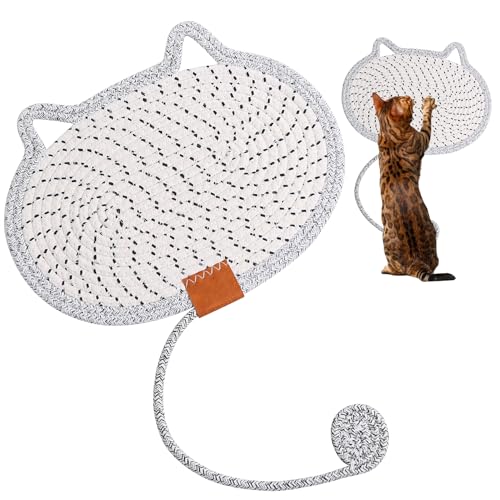 Cat Scratcher Mat Natural Cotton Rope Oval Horizontal Floor Cat Scratch Bed Pad with Ball Toy Protector for Furniture Floor Wall (Grey)