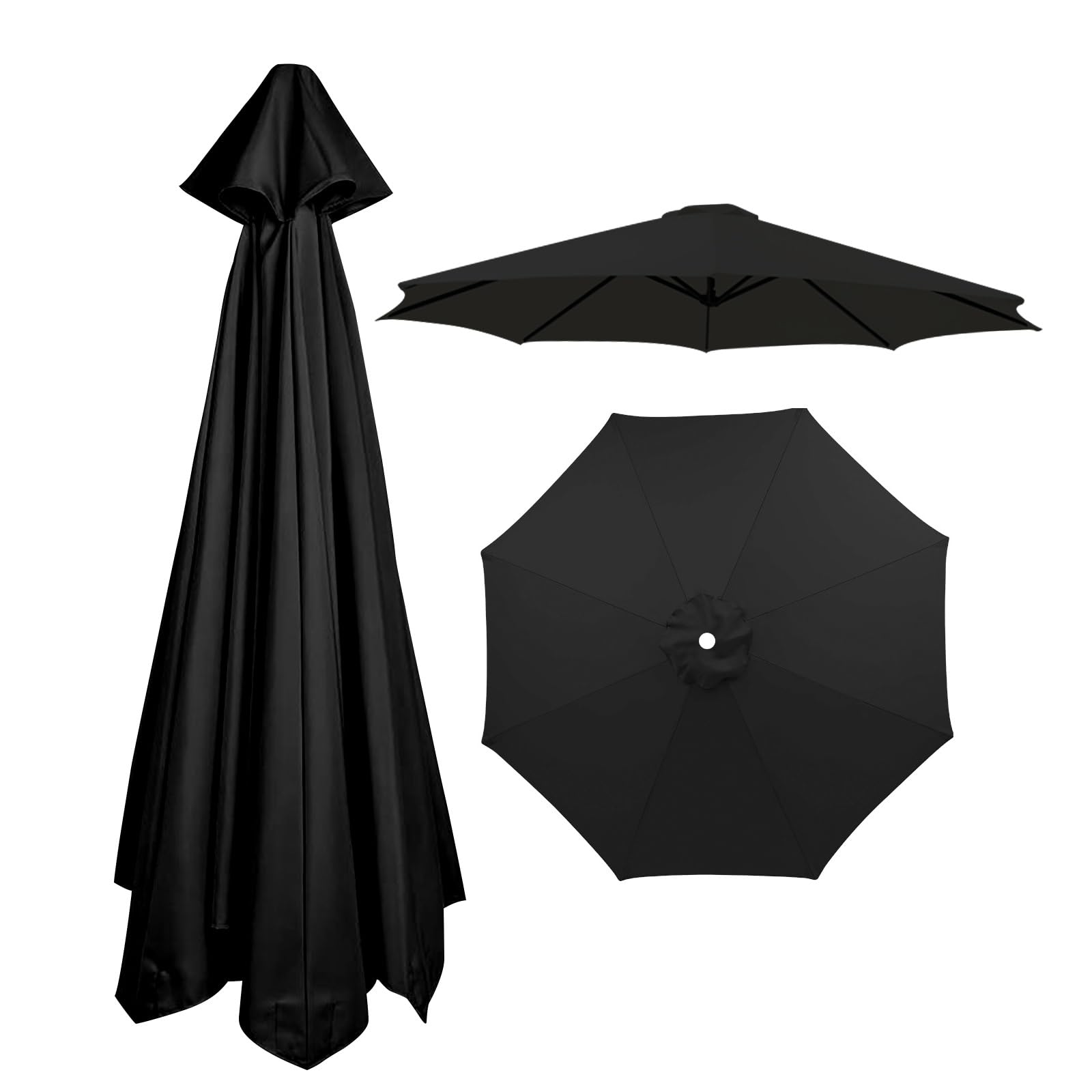 8 Ribs Umbrella Replacement Canopy, Outdoor Patio Replacement Parasol Cover UV Protective Waterproof Replacement Parasol Fabric for Garden Deck Backyard Pool(Black,2.70m)