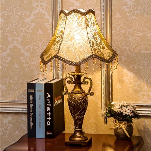 Victorian Style Table Lamp, Antique Fabric Decorative Desk Lamp with Fringe, Floral Bedside Light, European Nightstand Lamp for Bedroom and Living Room