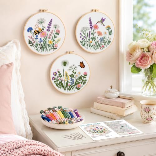 Image of Nuberlic Embroidery Kit for Beginners, 3 Pack Floral Stamped Embroidery Starter Kit with Hoop, Pre Printed Flower Patterns, Threads, Needles and Step by Step Instructions, DIY Needlework Gift