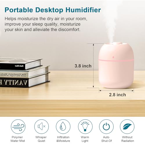 Image of Portable Small Humidifier, USB Personal Desktop Humidifier for Car, Office Room, Bedroom, Auto Shut-Off, 2 Mist Modes, Super Quiet, 220ml, Pink