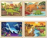SYNARRY Wooden Dinosaur Puzzles for Kids 3-5, 4 Packs 24 Pieces Jigsaw Puzzles, Dinosaur Toys Preschool Educational Brain Teaser Boards, Games for 3 4 5 6 Year Old Boys Girls