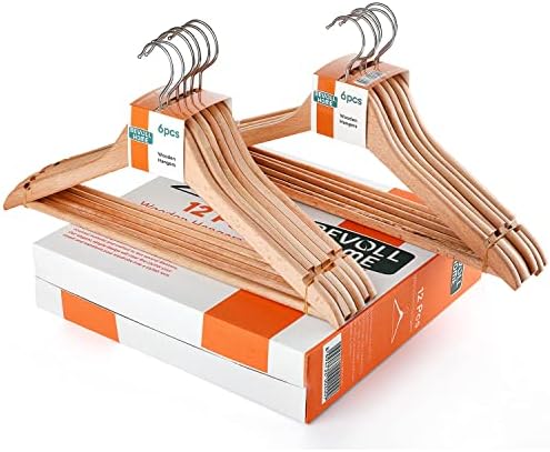 Bevoll Home Solid Wood Hanger with 12 Pack Set, Natural Finishing, Exclusive Wooden Suit and Clothes Hanger, Durable and Strong 360 Degree Metal Hook, Designed for A Modern Home.