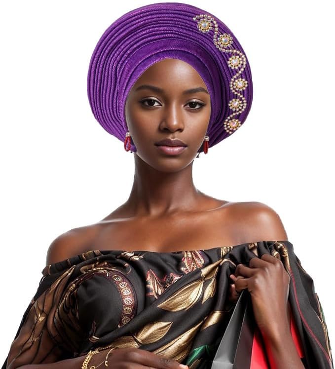 Elegant African Auto Gele Women's Turban Cap Nigeria Wedding Head Wrap Ready to Wear Sego Headtie with Diamonds